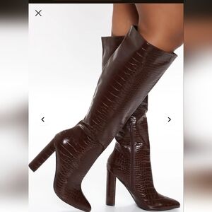 Elegant Brown Croc-Embossed Knee-High Boots